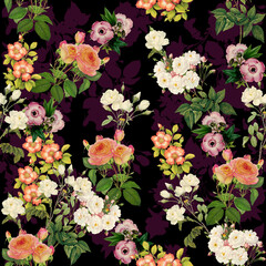Tropical Watercolor Floral Pattern on Black background