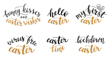 Set of 6 hand lettering vector quotes and phrases for Easter. Cards, banners, posters, mug, scrapbooking, pillow case, phone cases and clothes design. Gray and golden trendy colors.