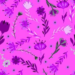 Bright pink pattern with flowers of purple and gray colors. Seamless pattern with flowers for printing on textiles.