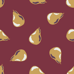 Vitamin seamless pattern with abstract pear silhouettes. Maroon pastel background.