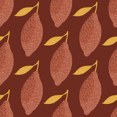 Cartoon seamless food pattern with lemon fresh ornament. Maroon palette. Organic fruit artwork.