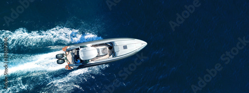 Aerial Drone Ultra Wide Panoramic Photo Of Inflatable Speed Boat Cruising  In High Speed In Mediterranean Aegean Sea Wall Mural-aerial-drone