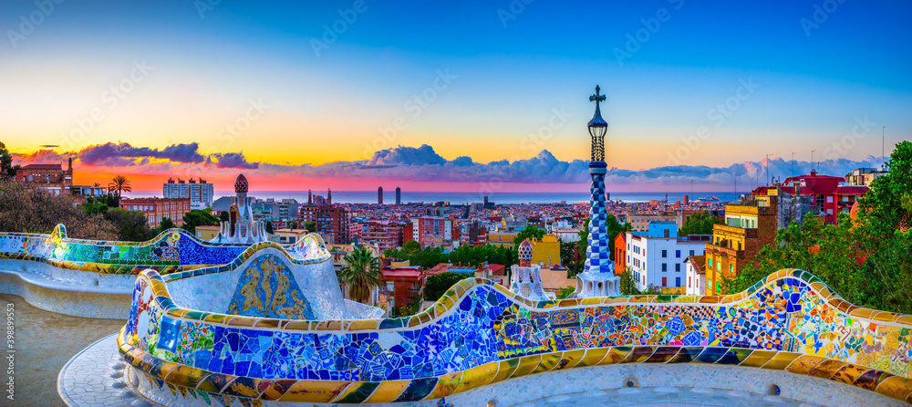 Sticker skyline panorama of barcelona at sunrise. spain