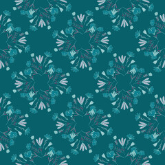 Blue palette seamless nature pattern with creative outline flower bouquet silhouettes. Folk style.