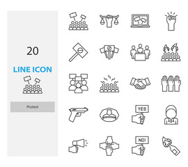 set of protest thin line icons, revolution, demonstration, crowd