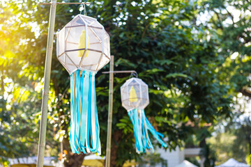 Decoration lamp made from fabric hanging on bamboo stick in the park at the event in Norther of Thailand, Beautiful handmade decoration item for Traditinal Thai culture style event