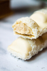 Coconut covered and filled chocolate bar