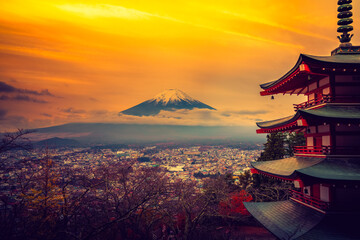 Fototapeta na wymiar Fuji mount at sunset seen from Chureito Pagoda. Fujiyoshida. Beautiful scenery of Japan