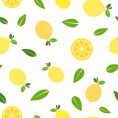Flat yellow lemon illustration, full, slices and leaves, over white background