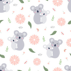 Seamless pattern Cartoon animal background with koala and flowers Hand drawn vector design in children's style used for print, wallpaper, fabric, textile.