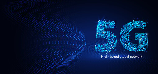 5G wireframe geometric polygonal design. Low poly wireframe digital vector illustration. High speed big data binary code broadband. Futuristic 5G technology concept on blue background.