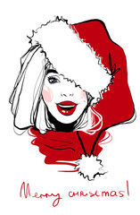 Christmas fashion girl hand drawn. Sketch woman in winter hat. Stylish girl look. Christmas card.