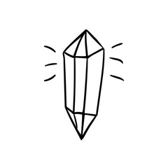 Diamonds and crystals graphic line drawing. Healing single crystal isolated on white background. Black and white mystical crystal. Hand drawn vector illustration in the doodle style
