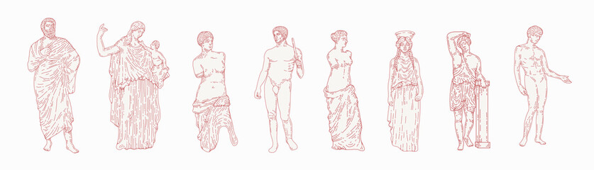 Greek marble statues aesthetic vector hand drawn illustration set. sculptures of human body and architectural elements. greek gods and mythology, ancient greece graphic design elements.