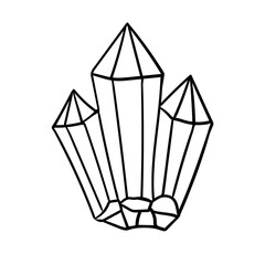 Diamonds and crystals graphic line drawing. Healing single crystal isolated on white background. Black and white mystical crystal. Hand drawn vector illustration in the doodle style