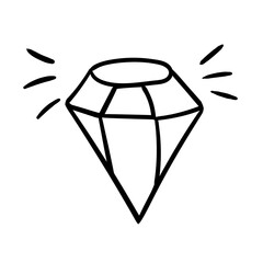 Diamonds and crystals graphic line drawing. Healing single crystal isolated on white background. Black and white mystical crystal. Hand drawn vector illustration in the doodle style