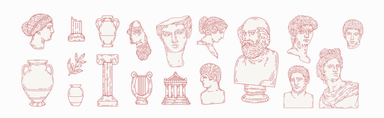 Greek marble statues aesthetic vector hand drawn illustration set. sculptures of human body and architectural elements. greek gods and mythology, ancient greece graphic design elements. - obrazy, fototapety, plakaty