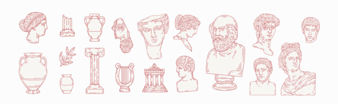 Greek marble statues aesthetic vector hand drawn illustration set. sculptures of human body and architectural elements. greek gods and mythology, ancient greece graphic design elements.