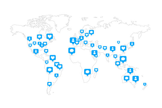 Global world map with lots social likes and comments blue icons on white