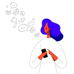 Modern life with a smartphone, hand drawn. Young woman with phone look at notifications. Phone symbols, calls, messages, likes. Girl holding a phone