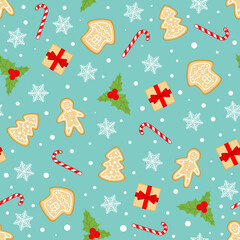 New Year and Christmas seamless pattern. Gingerbread cookies, snowflakes, candies and gifts on a blue background. Packaging design, textiles, wallpaper. Stock vector illustration.