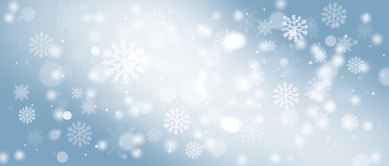 Blue abstract background. white light and snowflakes bokeh winter for Christmas new year blurred beautiful shiny lights use for card banner wallpaper backdrop and your product.