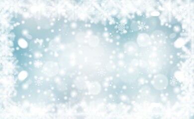 Blue abstract background. white light and snowflakes bokeh winter for Christmas new year blurred beautiful shiny lights use for card banner wallpaper backdrop and your product.