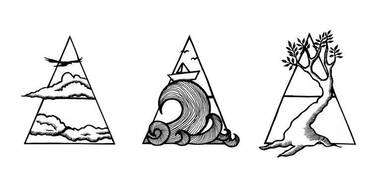 triangular symbols of water, earth and air drawn in monochrome on a white background