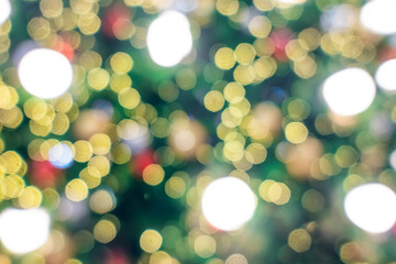 Blurry background of beautiful Christmas light bokeh on Christmas tree	
