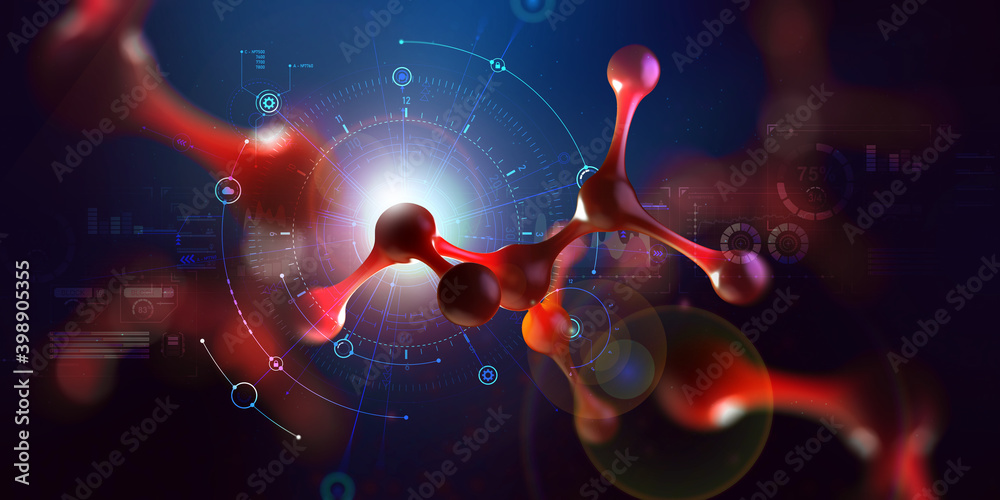 Fototapete AI technology. Abstract model molecule. Digital technologies in genetic engineering. Crystal lattice structure. Research in molecular synthesis. 3D illustration with HUD element