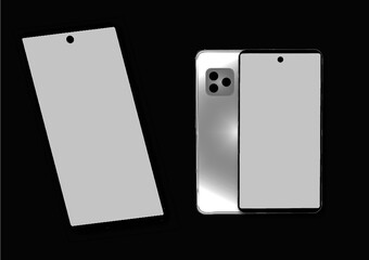 CMYK Template for graphics or presentation. Mockup generic device. Vector smartphone isolated on black background. Simple vector. Smartphone from different angles. 3d realistic phones. Cell phones.