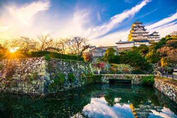 Himeji Castle in Himeji City under Dramatic Cloud at sunset, Hyogo Prefecture. Himeji Castle is a UNESCO World Heritage Site