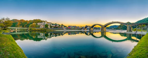 Acrylic prints Kintai Bridge Sunset panorama of Iwakuni and kintai bridge reflected in Nishiki river. Japan