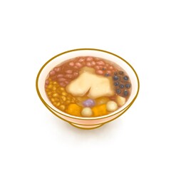 The digital painting of Taiwan Douhua soybean dessert (Taiwanese traditional tofu pudding sweet jelly) isometric icon raster illustration on white background.