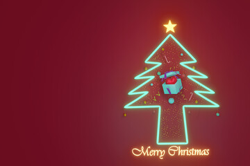 Fototapeta na wymiar Merry Christmas and Happy New Year With The pine tree glowing and the gift with red heart for text, banner, WEB and background .3D illustration.