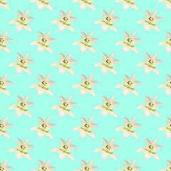 Beautiful seamless pattern of white lily on blue background. Flowers abstract seamless pattern.