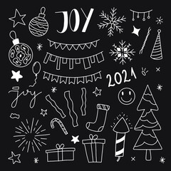 Set of roughly hand drawn, handmade Happy New Year and Merry Xmas, Christmas related doodles, decorations, decors on black background EPS Vector