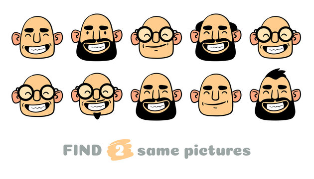 Men's faces. Find two same pictures. Educational game for children. Cartoon vector illustration.
