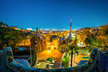 Night time view of Barcelona seen from Park Guell. Park was built from 1900 to 1914 and was...