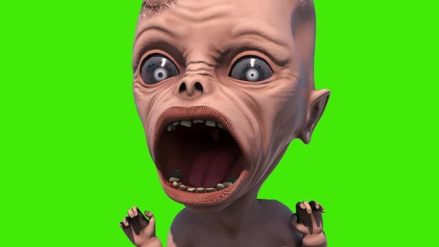 Monster Forgotten Baby Green Screen Attack Close up 3D Rendering Animation 4K