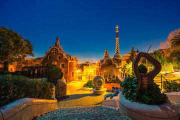 Park Guell at night. Bbuilt from 1900 to 1914 and was officially opened as a public park in 1926. In 1984, UNESCO declared the park a World Heritage Site