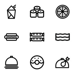 Obraz premium Big set, collection of fast food related, junk food, potato guy icons, outline and thin line icons on white background EPS Vector
