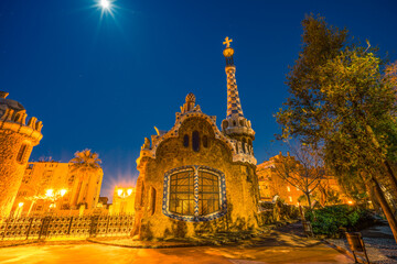 Park Guell at night. Bbuilt from 1900 to 1914 and was officially opened as a public park in 1926....
