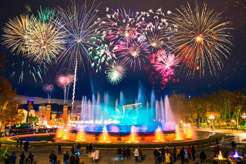Beautiful fireworks under Magic Fountain light show in Barcelona, Spain