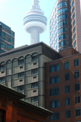 Compressed buildings of various architecture in downtown Toronto