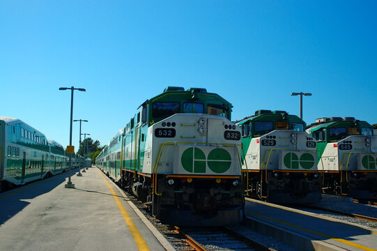 GO transit commuter trains waiting for rush hour in Georgetown