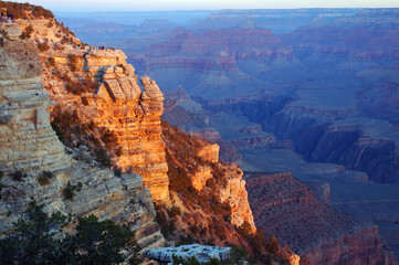 Golden Morning light on a rock face South Rim Grand Canyon