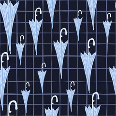 Random seamless pattern with doodle blue umbrella elements. Dark navy blue chequered background.