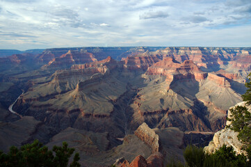 Fototapeta na wymiar Evening light on Pima point looking west down the Grand Canyon with thin ribbon peaks