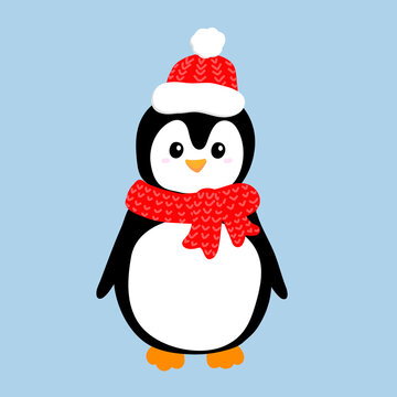 Cute penguin in knitted red scarf and cap in cartoon style. Isolated on blue background. Vector